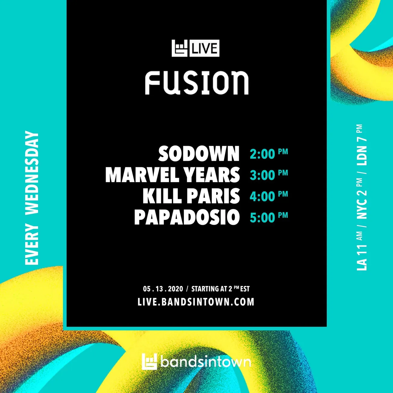 Live music event promotional flyer with scheduled band performances on a vibrant, colorful background for Bandsintown.