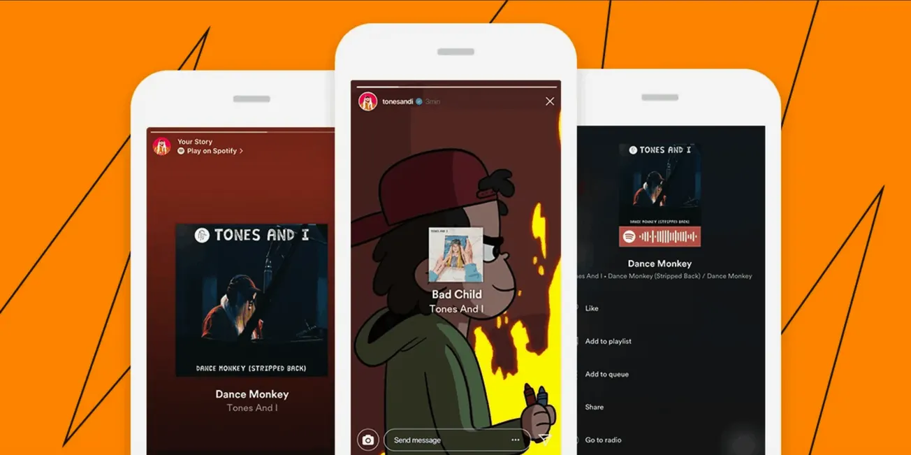 Music streaming app screenshots featuring artist Tones and I, showcasing song "Dance Monkey" on Spotify, with digital illustr