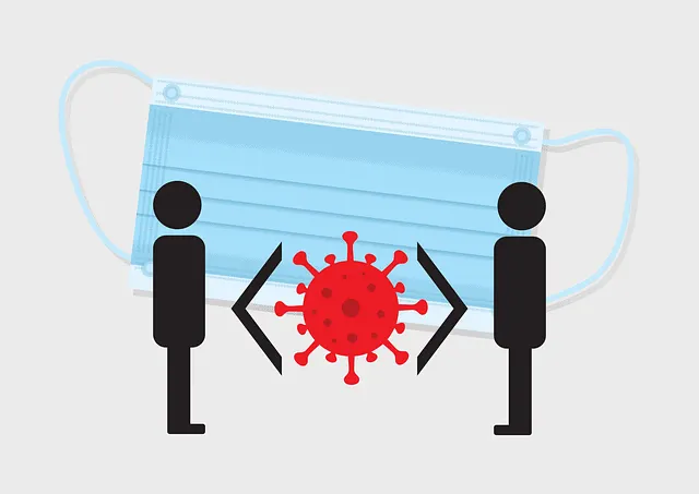 Wearing face masks with viral particles symbol, representing COVID-19 safety and health precautions during pandemic.