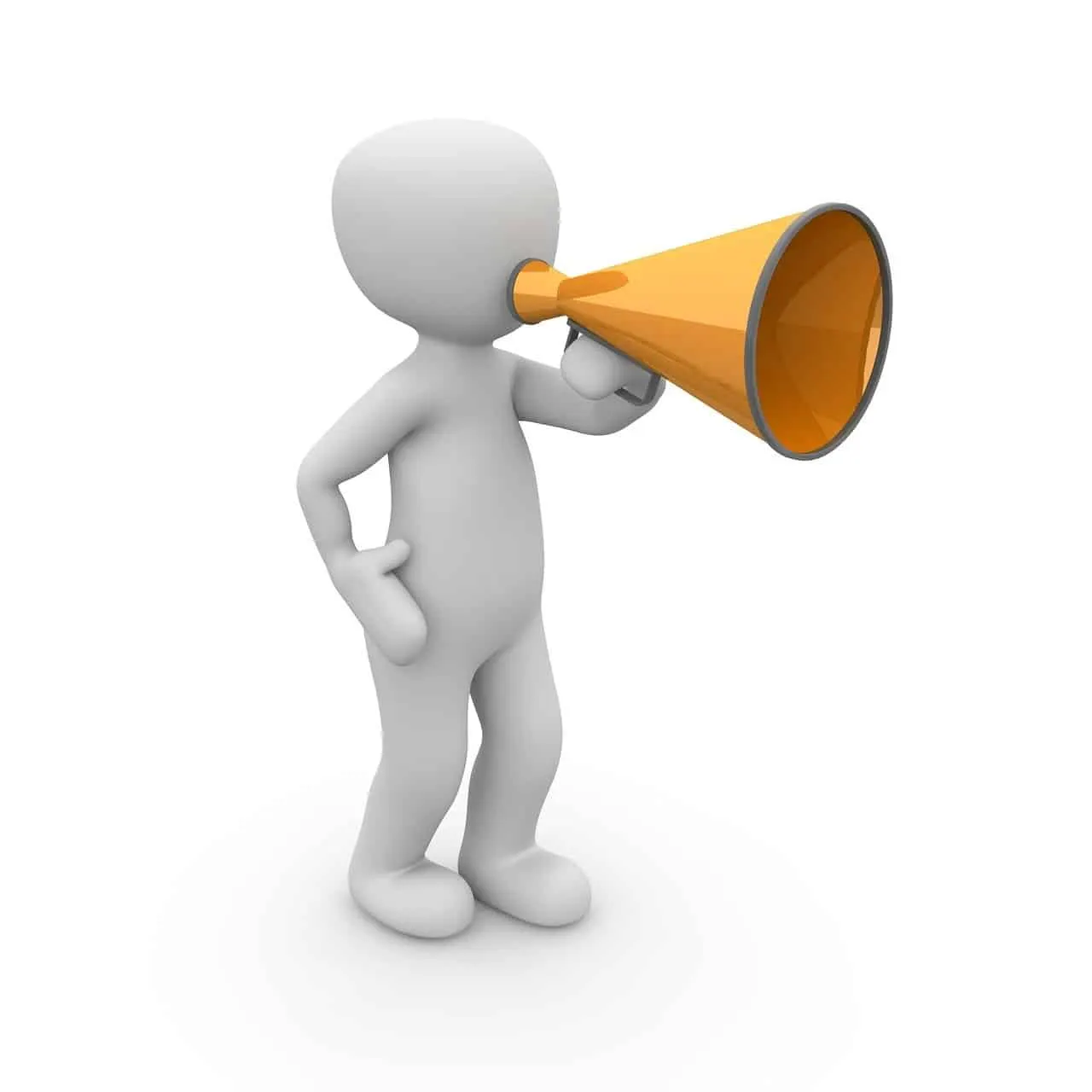 Alert white 3D character with a megaphone promoting music industry news and updates on Hypebot.