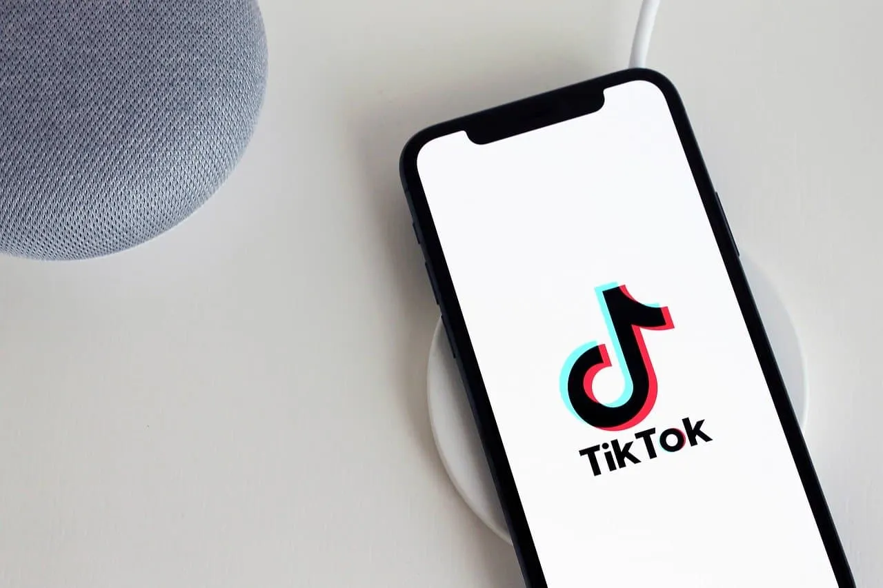 TikTok logo displayed on a smartphone screen next to a smart speaker on a white surface.