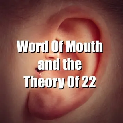 Close-up of a human ear with overlaid text about "Word of Mouth and the Theory of 22," emphasizing communication, marketing,