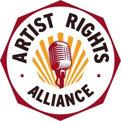 Vibrant logo of Artist Rights Alliance featuring a vintage microphone surrounded by orange rays, emphasizing advocacy for mus