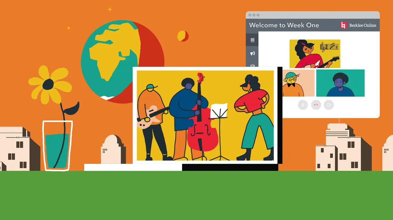 Music collaboration virtual meeting with musicians playing instruments and video call interface; modern online platform for m