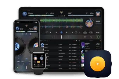 Advanced DJ mixing software displayed on smartphone, tablet, and smartwatch interfaces, showcasing music control and digital
