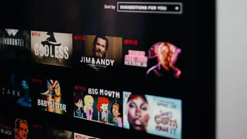 Streaming service interface displaying popular Netflix shows including "Godless," "Jim & Andy," "Big Mouth," and more; digita