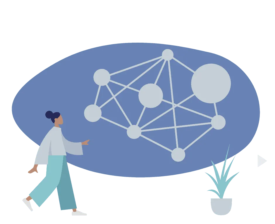 Networking technology concept with interconnected nodes and a person, representing digital communication, social media, and o