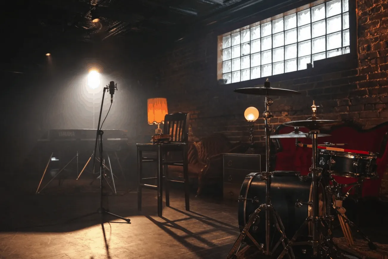 Empty music studio with vintage instruments, microphone, piano, and drums in a cozy brick-walled space, ready for recording o