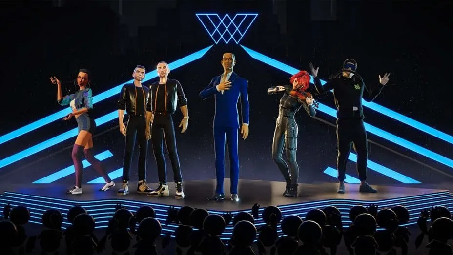 Avatars performing on a digital stage at a music technology conference, showcasing innovative virtual concert experiences and