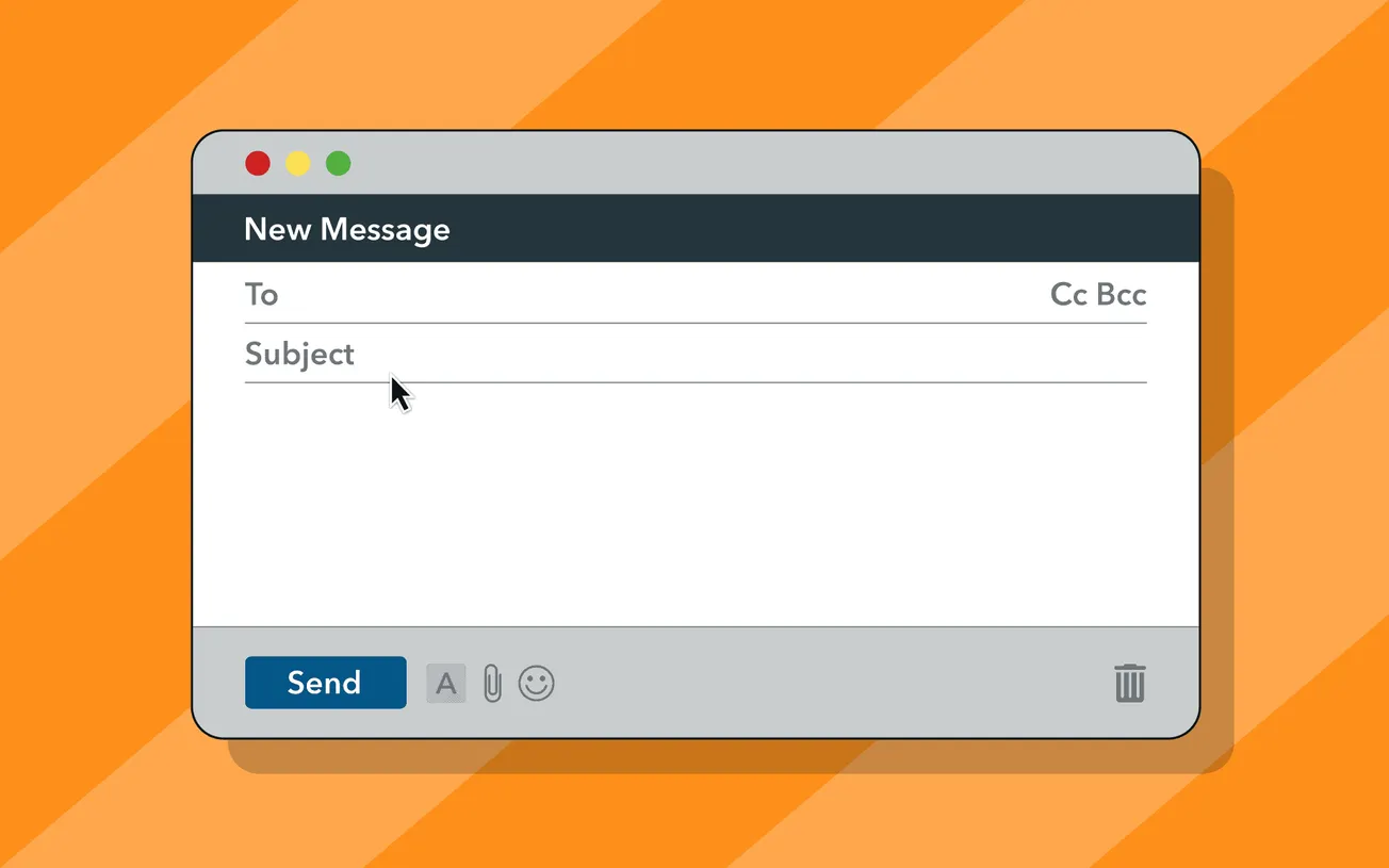 A digital illustration of a message email interface with "New Message" title, a "Send" button, and icons for attachments and