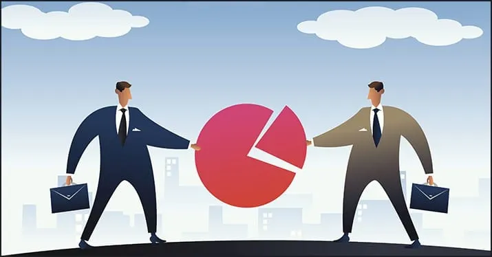 Stock market business partners sharing a pie chart for financial analysis and collaboration, representing business strategy a