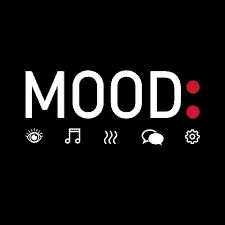 MOOD: Creative music app logo with icons for eye, note, waves, chat, and settings, representing music, sight, sound, communic