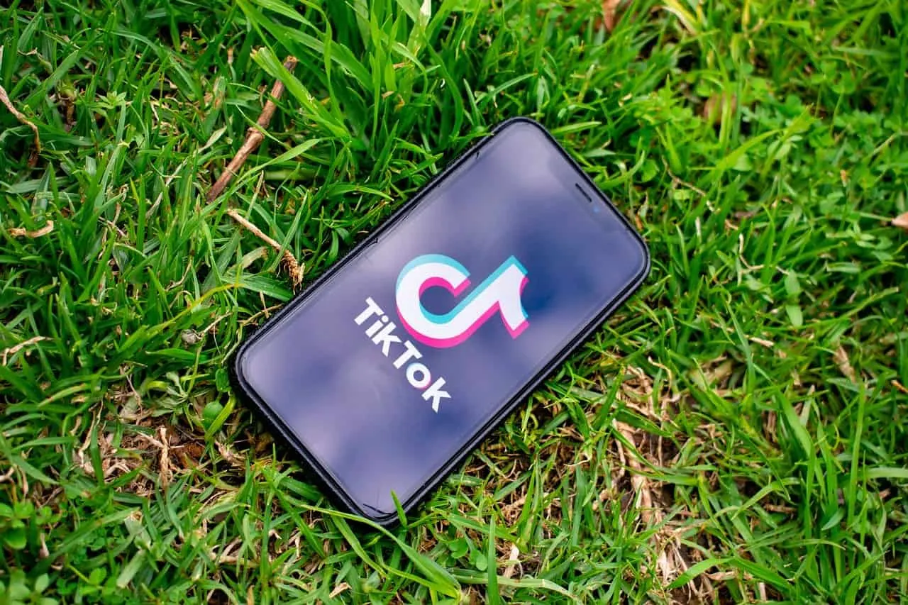 TikTok logo displayed on a smartphone lying on lush green grass.
