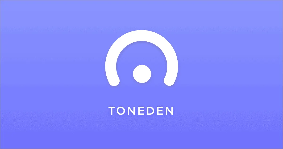 Mp3 audio tuning app logo, sleek modern design with circular sound wave icon and "TONEDEN" text, representing music, sound, a