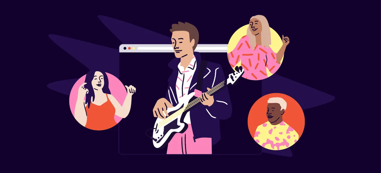 Musician playing guitar in virtual concert with diverse audience members engaging, connecting through digital platforms, emph