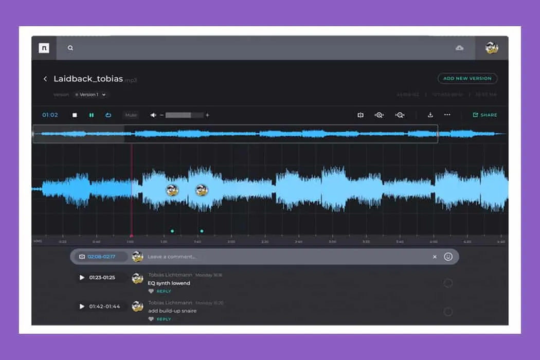 Blurred audio editing interface with waveforms and user comments, showcasing music production and editing tools for musicians