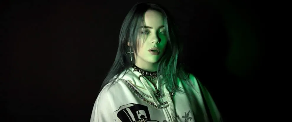 Hypebot, young female musician with edgy style, wearing chains and earrings, neon green lighting, dark background, music indu