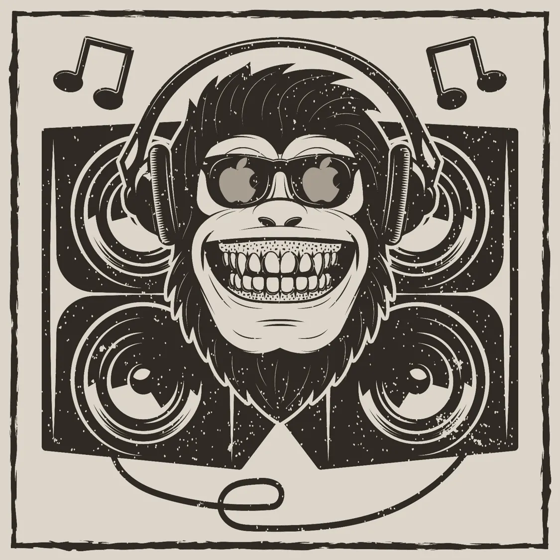 Monkey DJ wearing sunglasses and headphones, surrounded by speakers and musical notes, representing music, dance, and enterta