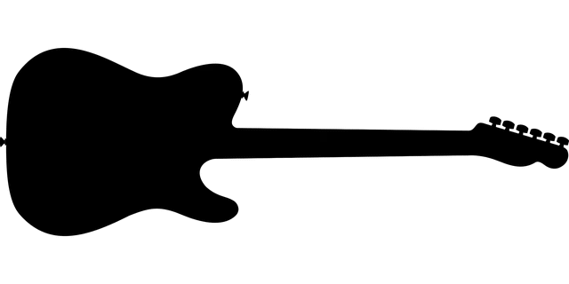 Electric guitar silhouette at sunset, music industry theme, Hypebot website branding, music technology, digital music innovat