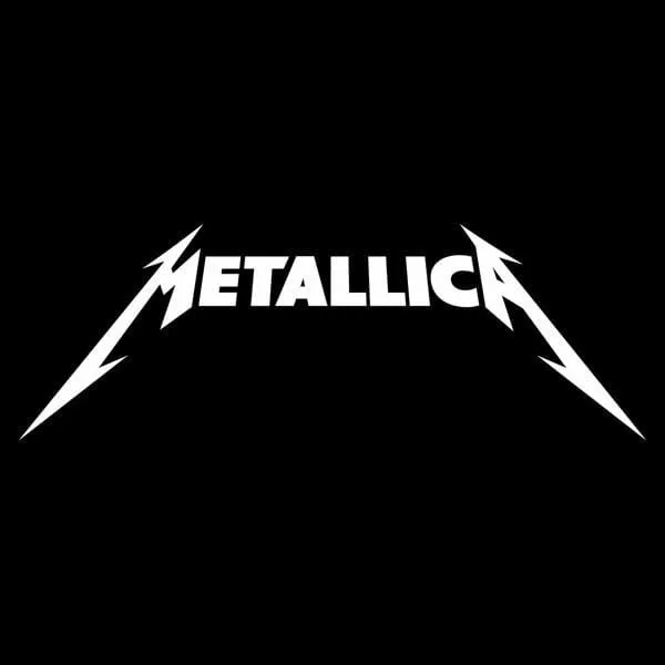 Metallica logo with bold text and lightning bolt accents, iconic heavy metal band symbol.