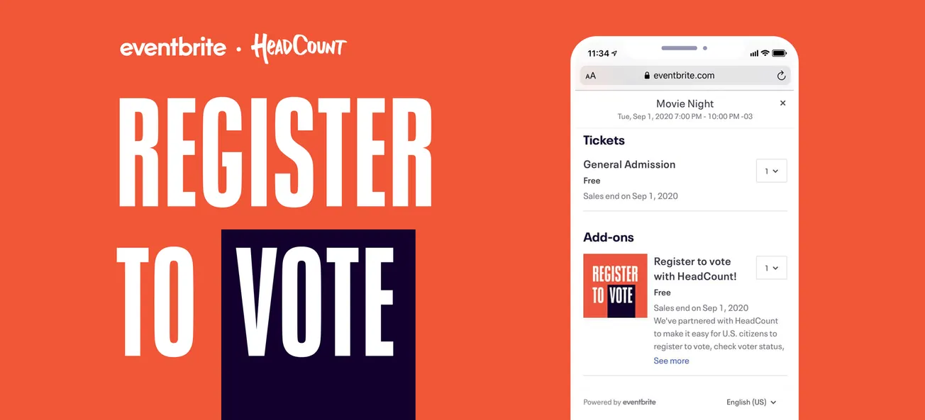 Register for voting with HeadCount and Eventbrite on mobile device for U.S. election voter registration campaigns.