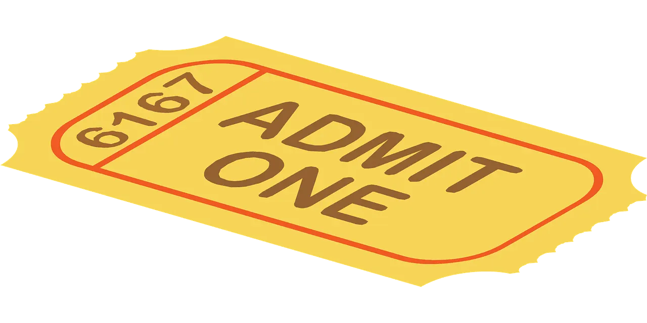 Advertisement ticket with "Admit One" text, golden yellow ticket stub, event entry, ticketing, entertainment, ticket validati