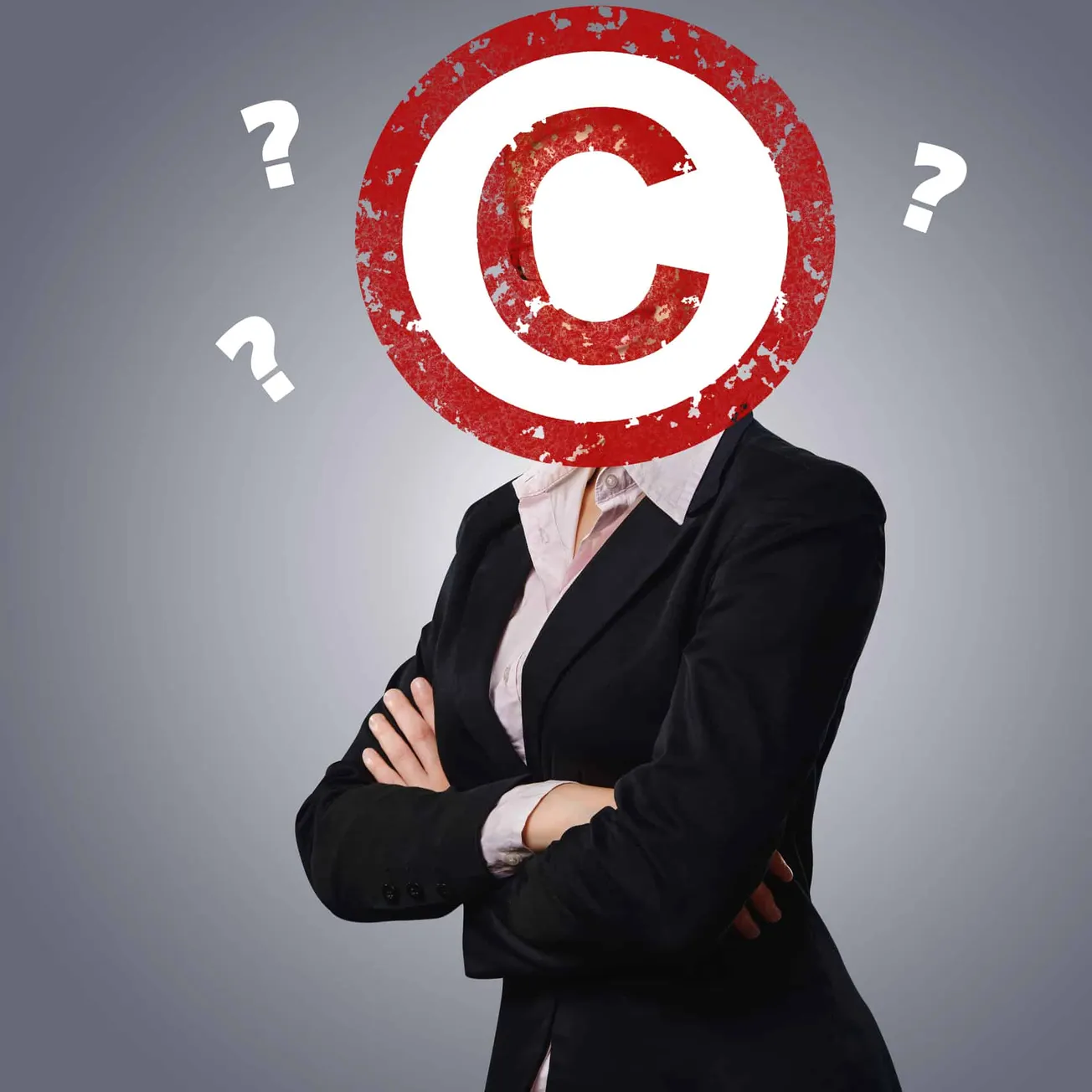 Copyright protection concept with a professional woman wearing a business suit and crossed arms, with a large copyright symbo