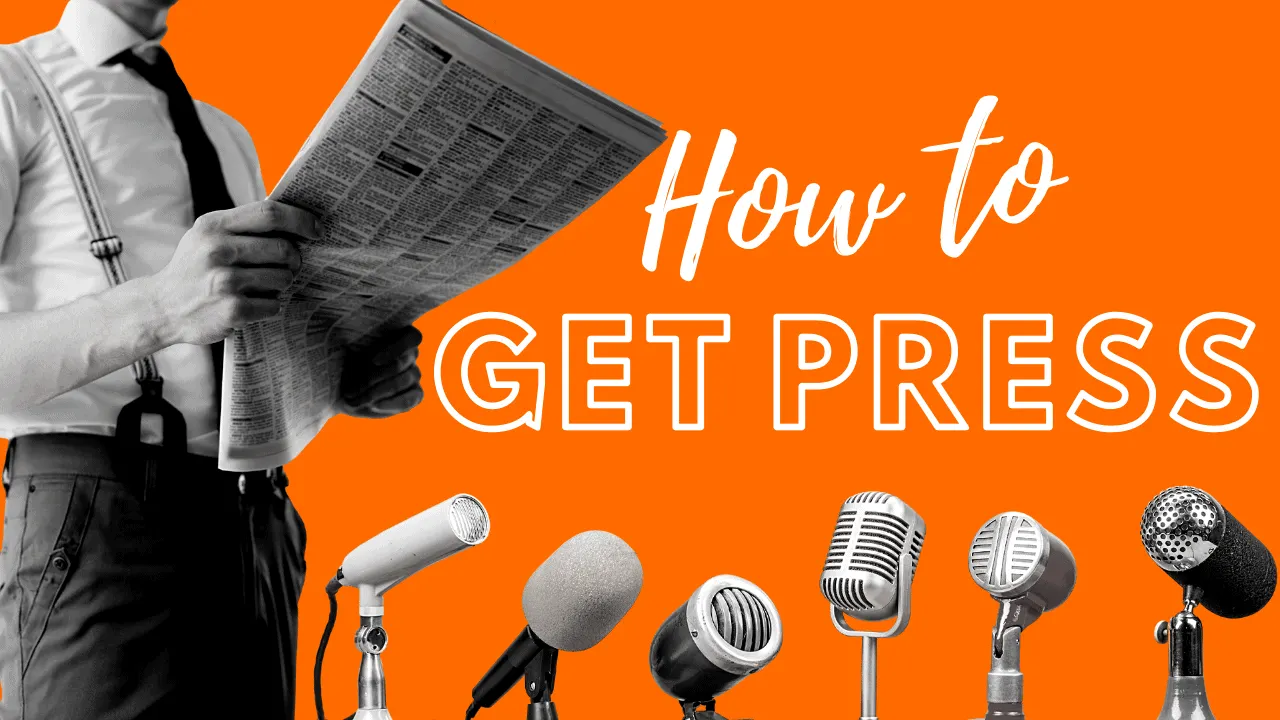 Press conference image with microphones and a man reading a newspaper on orange background, emphasizing media coverage, press