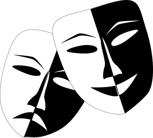 A black and white illustration of theatrical masks symbolizing comedy and tragedy, representing media, entertainment, and per