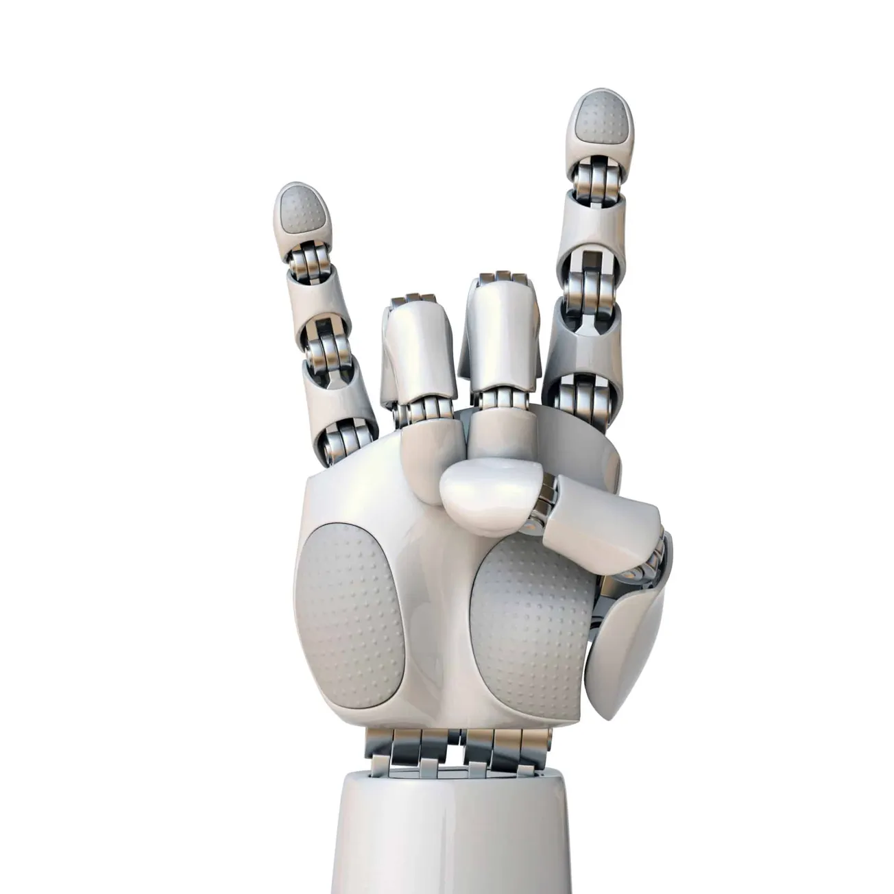Robotic hand making the peace sign, showcasing advanced robotics technology and AI innovations in the music industry.