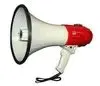 Loudspeaker microphone with red handle and black lanyard, used for public address and announcements.
