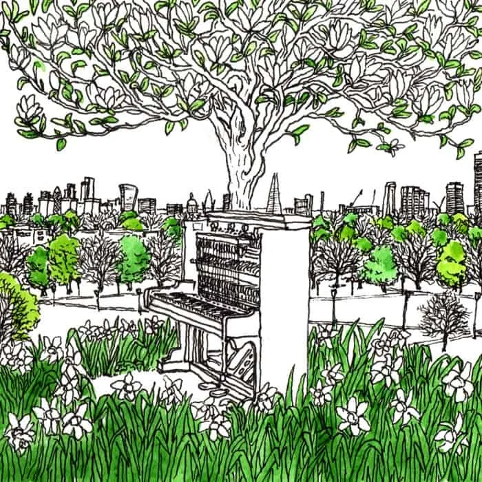 Piano in a lush green park with blooming flowers, tall trees, and a city skyline in the background, symbolizing harmony betwe