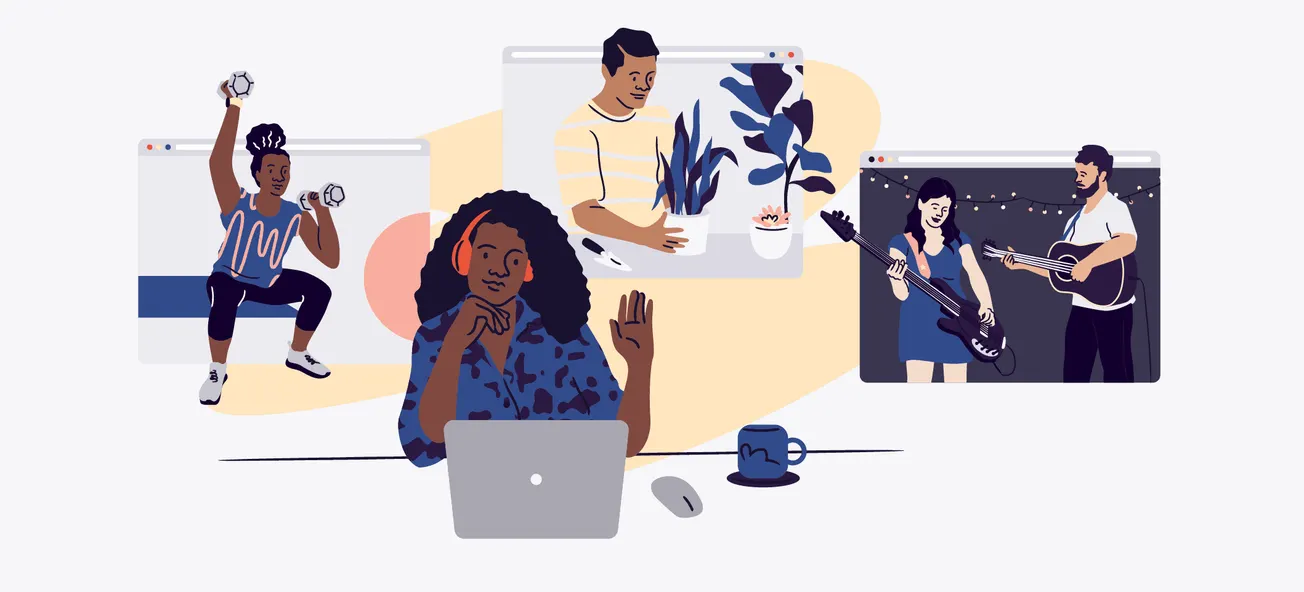 Vibrant digital illustration of people engaging in online activities, including virtual music performances, remote work, and