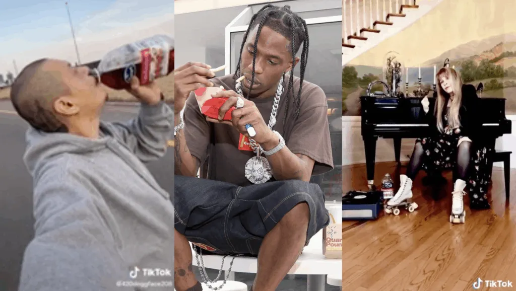 Multiple urban and artistic lifestyle images featuring music, food, and skateboarding scenes.