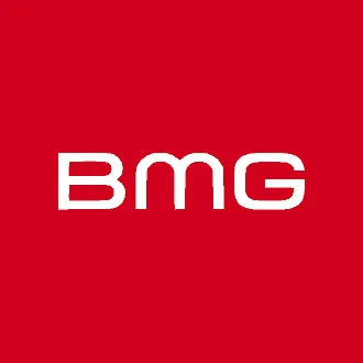 BMG music label logo on a red background, representing a major player in the music industry and digital music marketing and d