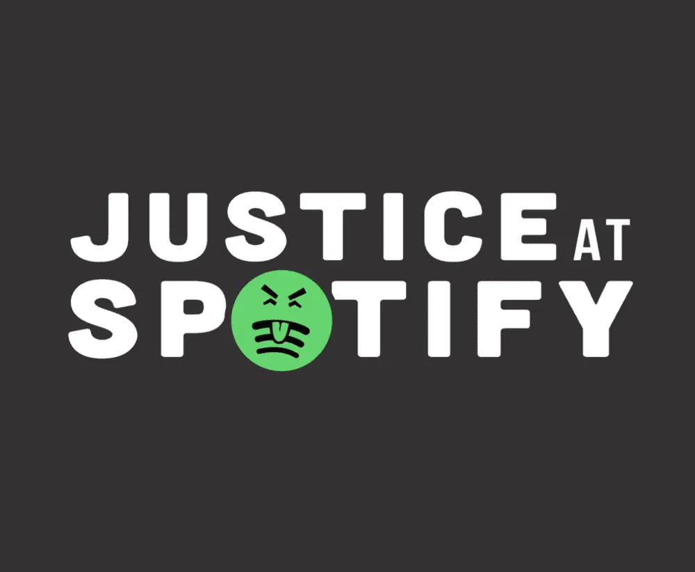 Justice at spotify angry face emoji logo representing music industry issues and social justice advocacy on digital streaming