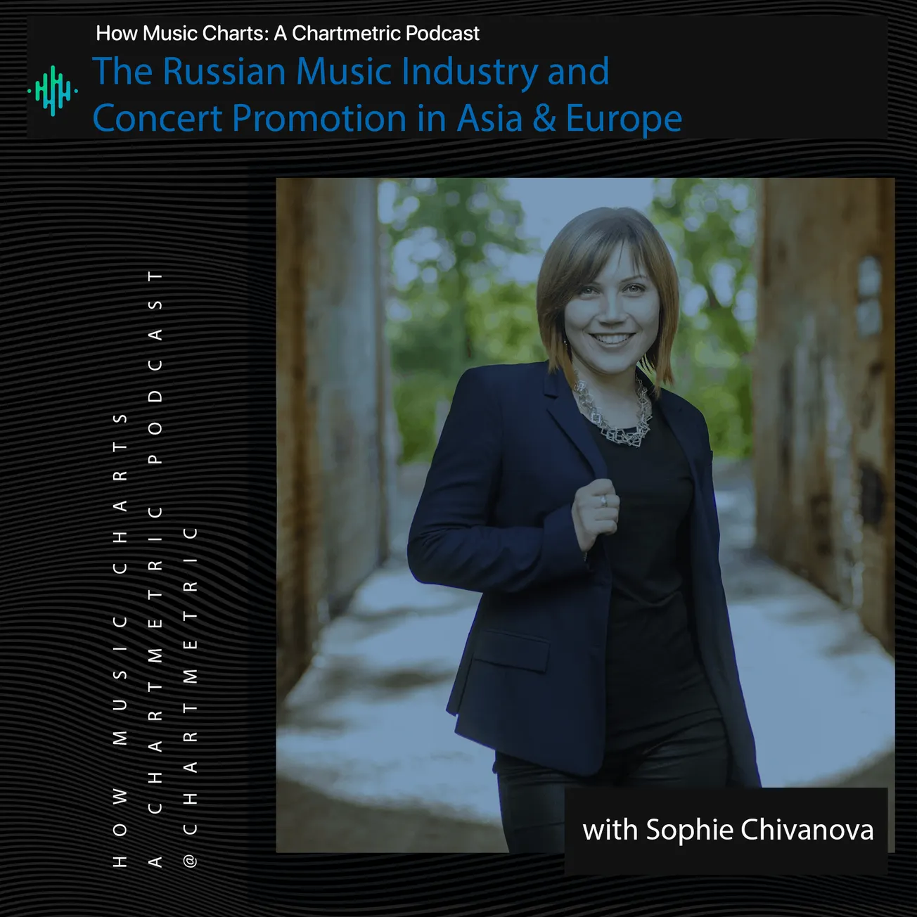 A woman smiling outdoors wearing a black blazer and chunky necklace, promoting a podcast on the Russian music industry and co