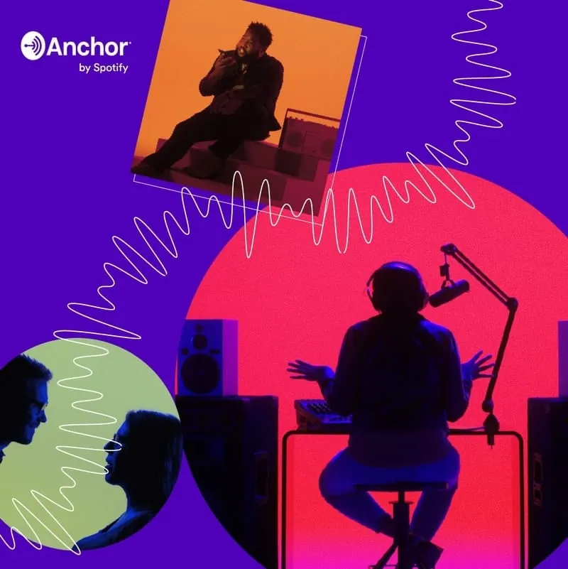 Anchor Spotify music podcast recording studio with DJ, microphone, and sound equipment in vibrant colorful background for mus
