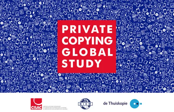 Private copying global study banner with digital device icons background, emphasizing copyright and piracy research.
