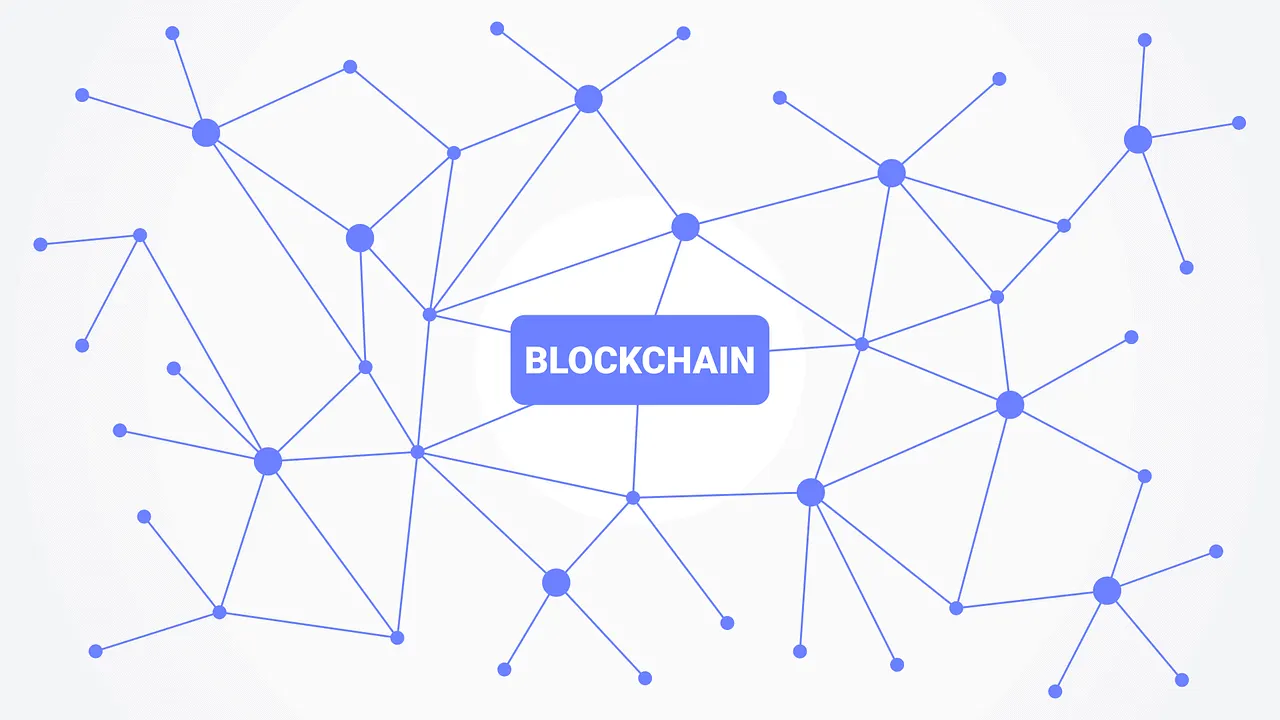 Distributed network diagram illustrating blockchain technology with interconnected nodes and data flow.