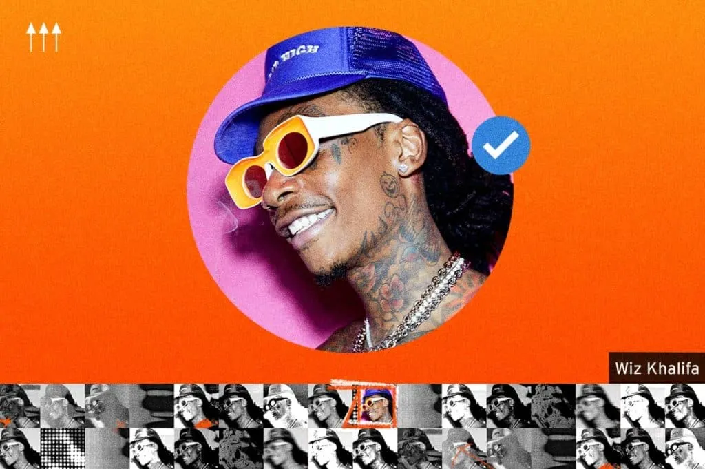 Viral image of Wiz Khalifa wearing colorful sunglasses and a blue cap, showcasing a trendy hip-hop style. Perfect for music,