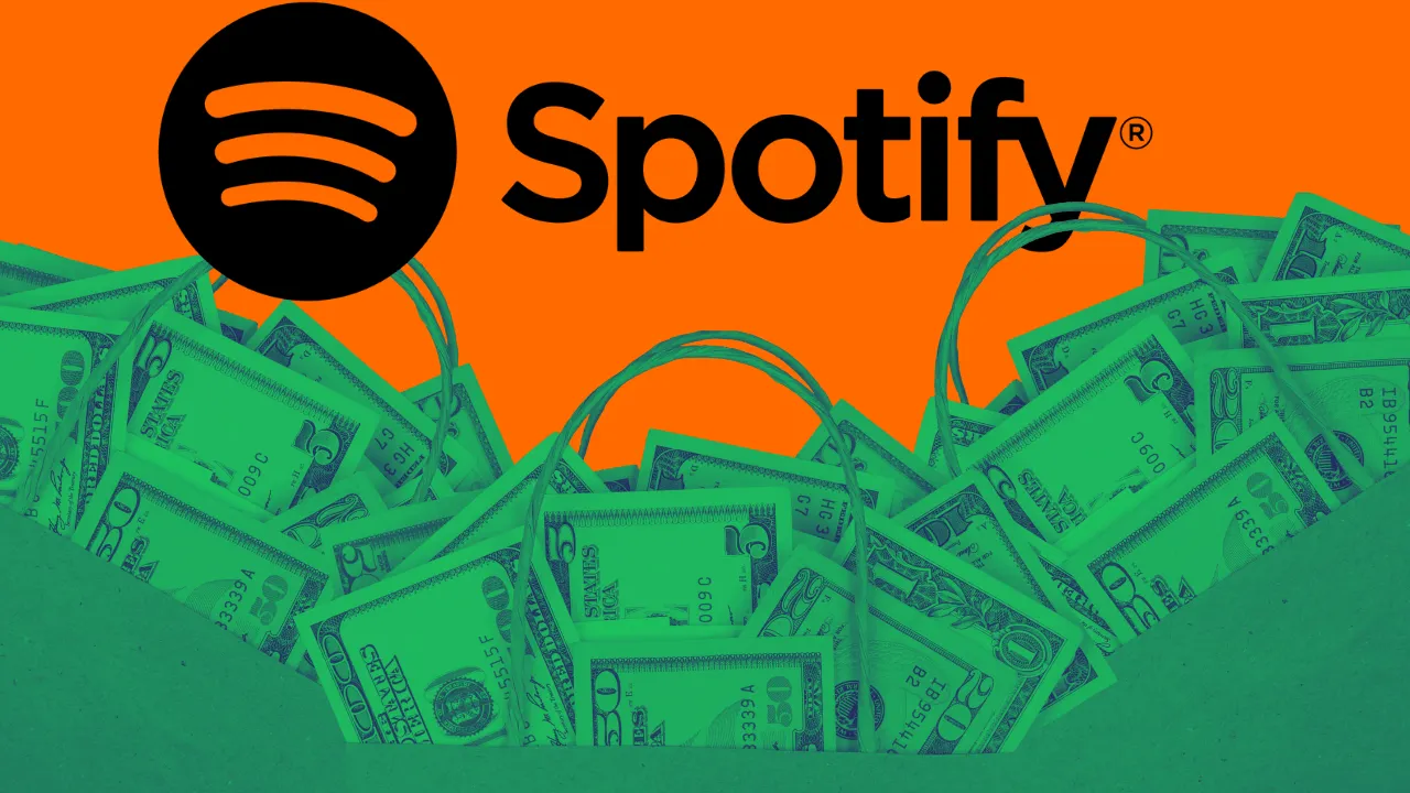 Money-filled shopping bag with Spotify logo, emphasizing music industry revenue and streaming profits.