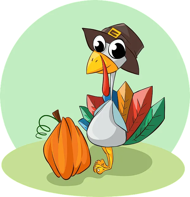 Turkey wearing a hat with a pumpkin in front of it, cartoon style, Thanksgiving, fall harvest, festive mood.