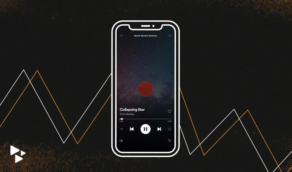 Audio streaming app showing song "Collapsing Star" by Chris Robley on a smartphone screen; digital music, playlist, and mobil