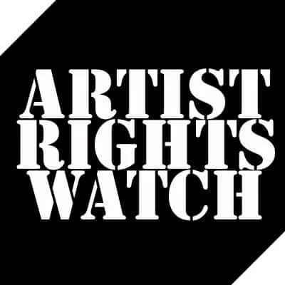 A bold black and white graphic with the text "Artist Rights Watch" highlighting the importance of artist copyright protection