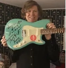 Electric guitar signed by prominent musician, Hypebot inspiration, music industry, autograph, collectible memorabilia.