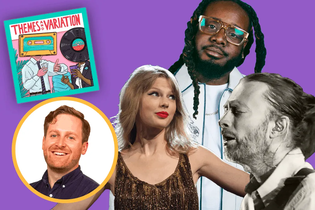 Retro music cassette tape and vinyl record illustration representing music themes and variation inspiration, bright colors an