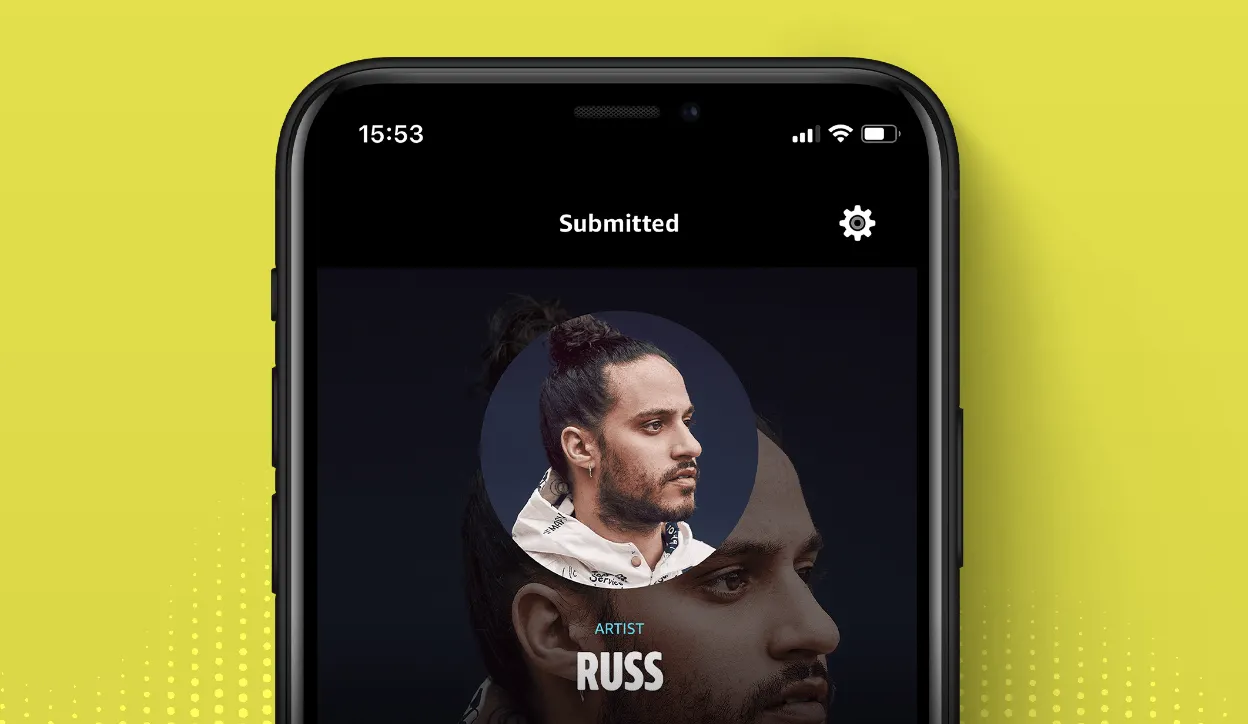 A mobile music submission app displaying artist profiles with sleek dark-themed interface and profile photos of musicians, us