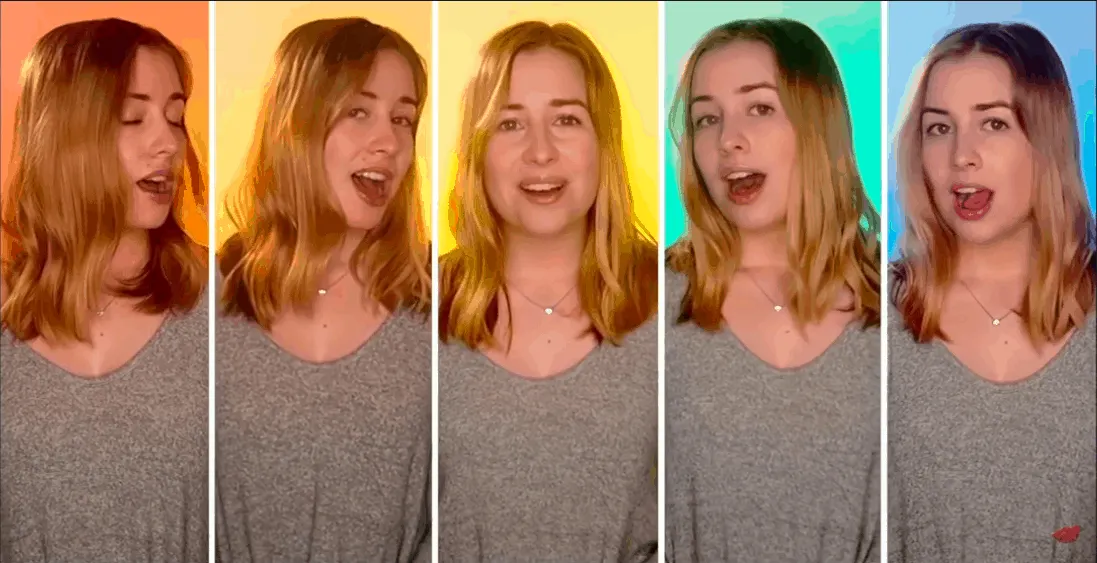 Bright young woman showing various facial expressions in a colorful, vibrant background, social media, lifestyle, and influen