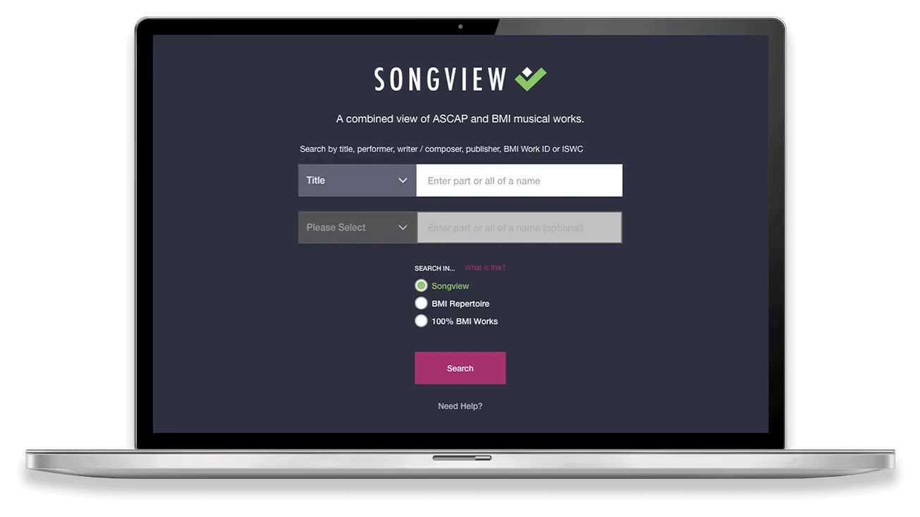 Songview music catalog search tool interface on laptop screen for ASCAP, BMI, and musical works database browsing, music indu